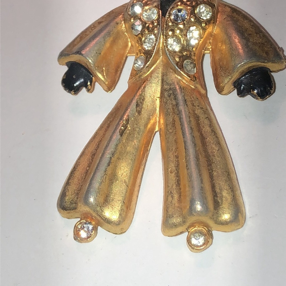 Vintage Satin Soft Gold Tone CZ Rhinestone Turban Man Brooch Shoulder Pin - Picture 3 of 6